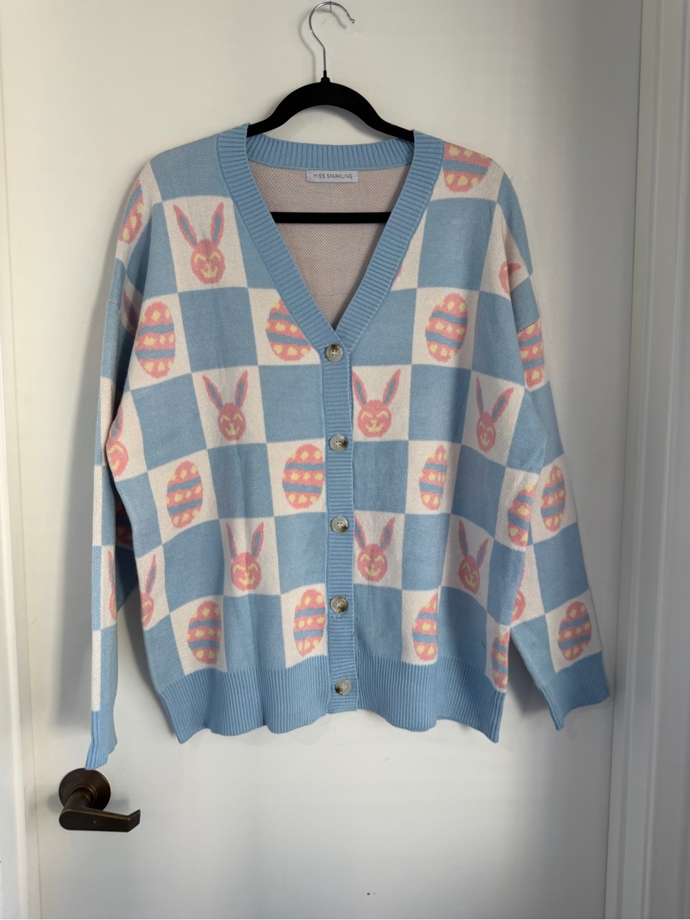 Pastel Blue Bunny & Egg V-Neck Button Cardigan